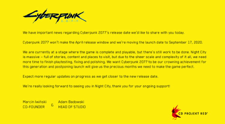 Cyberpunk 2077 Release Date Delayed
